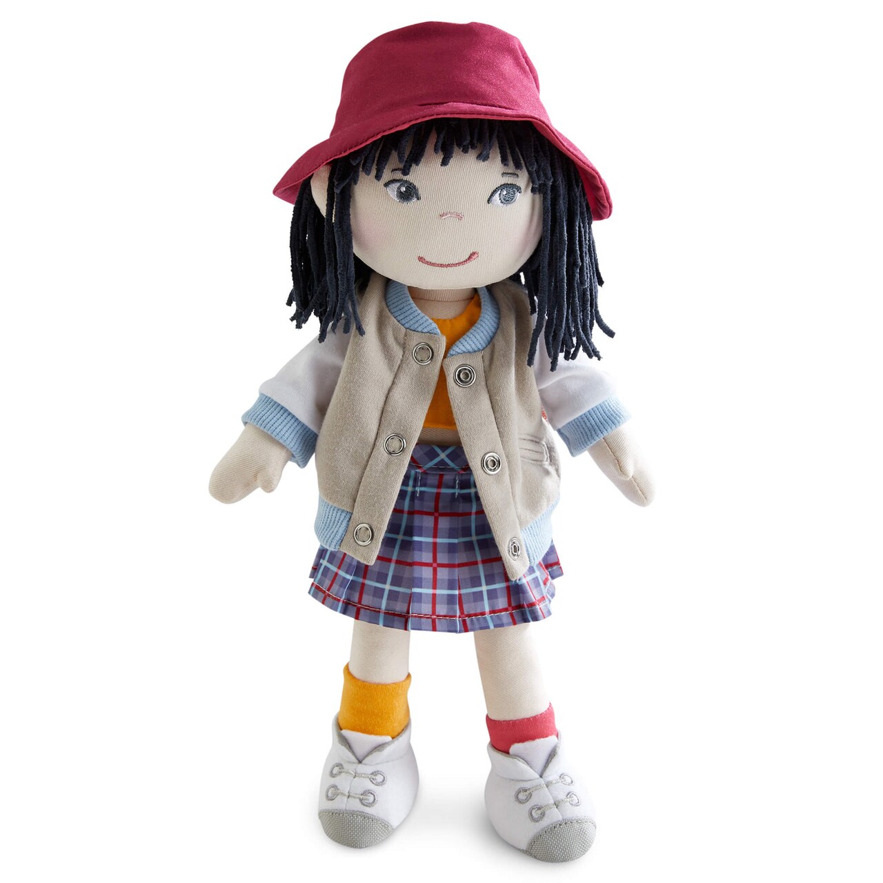 HABA 12" Soft Doll Yuki with Black Hair, Embroidered Face, Stylish Bucket Hat and Clothes - Washable Toddler Baby Doll for 18 Months+